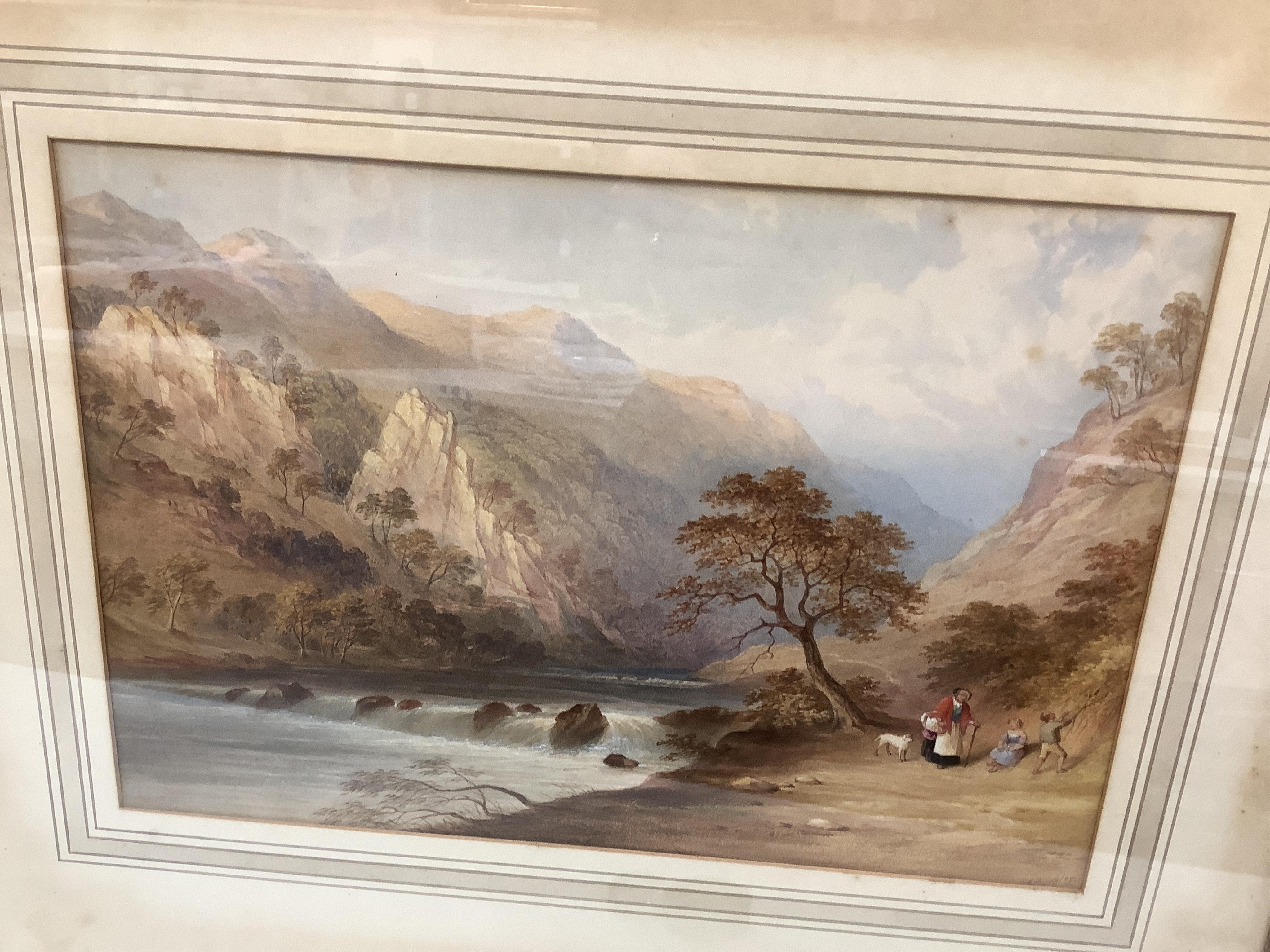 A collection of seven 19th century watercolour paintings to include, by - T.S Robins - ‘’Fishing boats in a choppy sea, signed; C.F. Buckley, 'Dove Dale, Derbyshire’, signed; Hercules Brabazon Brabazon, 'Fishing boats at